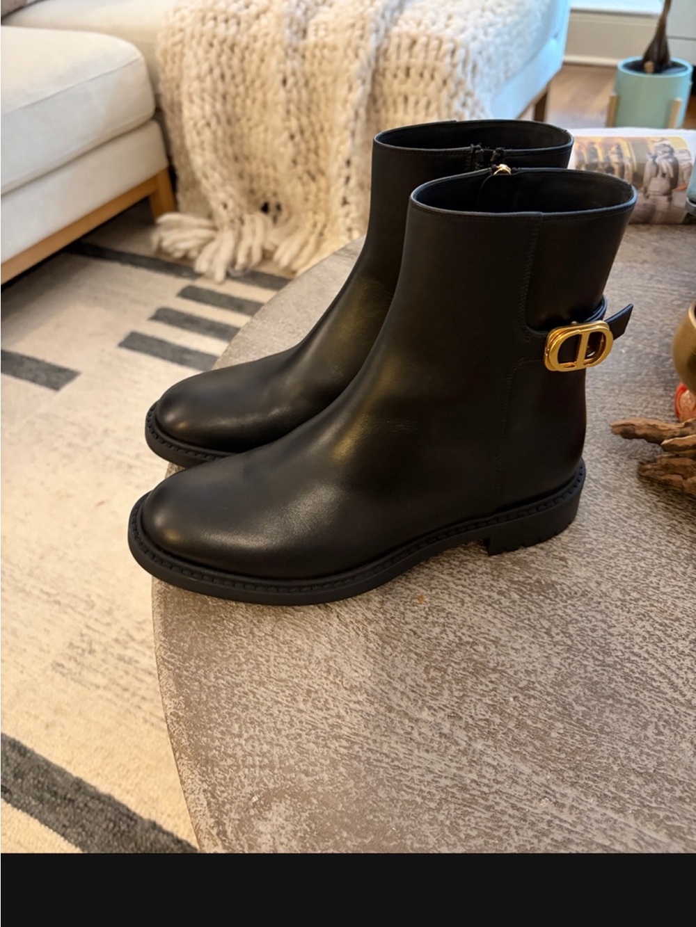 Dior Black Leather Ankle Boots with Gold Buckle with dust bag and box